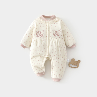 女宝宝冬季棉服婴儿80克夹棉连体衣可爱花边满月百天哈衣外出服