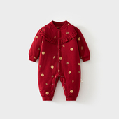 婴儿红色夹棉连体衣60克薄棉拜年服女宝宝加厚秋冬装 满月喜庆爬服