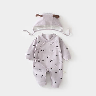 新生婴儿蝴蝶衣52码 婴儿连体衣春秋纯棉哈衣爬服婴儿和尚服送帽子