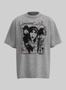 【美女组合】美式人物短袖街头落肩袖T恤学生宽松百搭显瘦W799