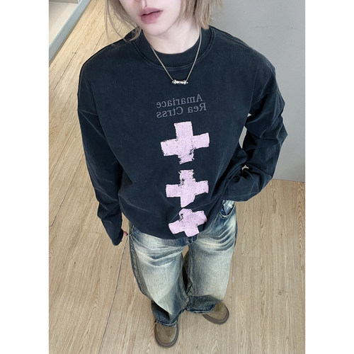 【满血】美式休闲设计感小领口宽松印花长袖T恤hiphop潮牌十字架