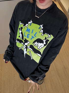 【边牧小狗】美式休闲设计感小领口宽松字母印花长袖T恤hiphop潮