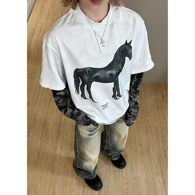 【皆是黑马迷彩款】美式休闲小众设计潮牌宽松字母长袖假两件拼接