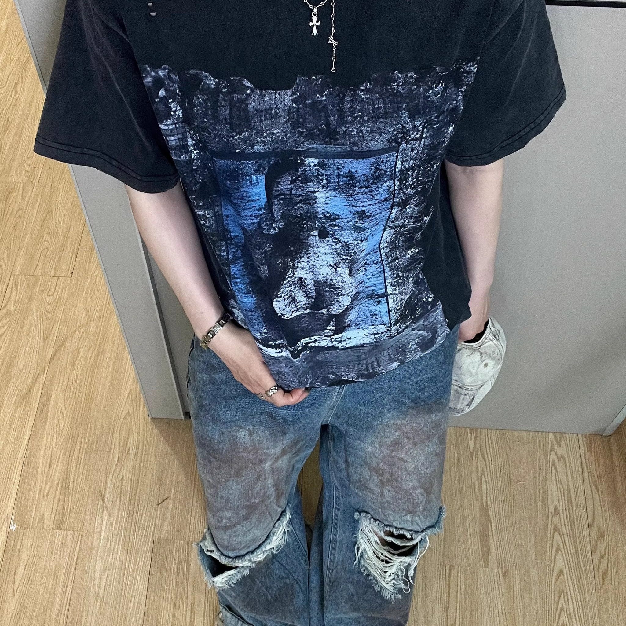 【25系自由女神】美式破烂人物设计感印花小众T恤短袖乐队磨破