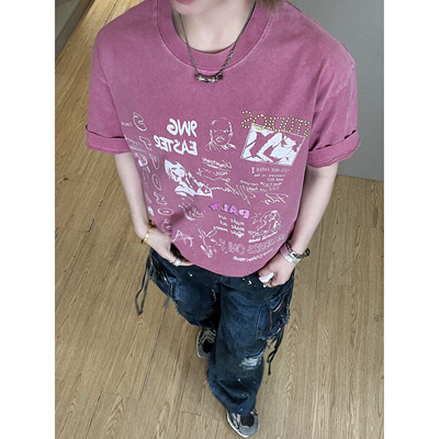 【速写主义】美式夏季T恤复古小众街头速写印花短袖小领口宽松