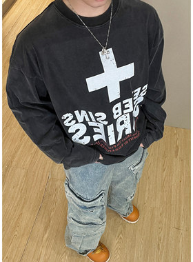 【回血】美式休闲设计感小领口宽松字母印花长袖T恤设计感hiphop