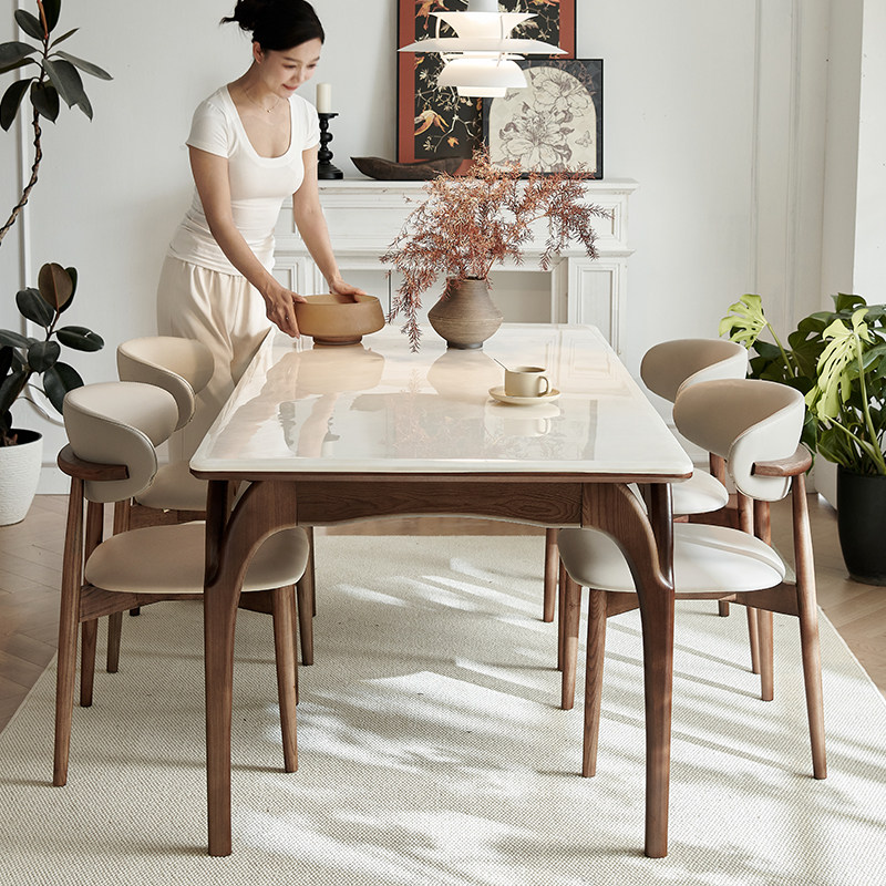纯天然大理石白冰玉餐桌轻奢透光玉石意式风实木长方形餐桌椅组合