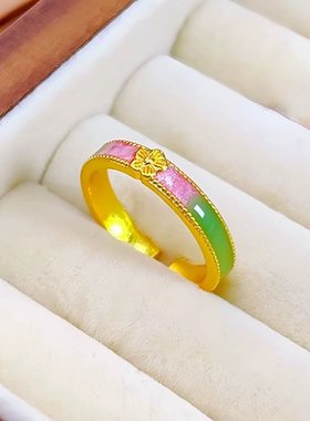 古法沙金珐琅彩桃花源戒指女开口可调节渐变珐琅桃花指环
