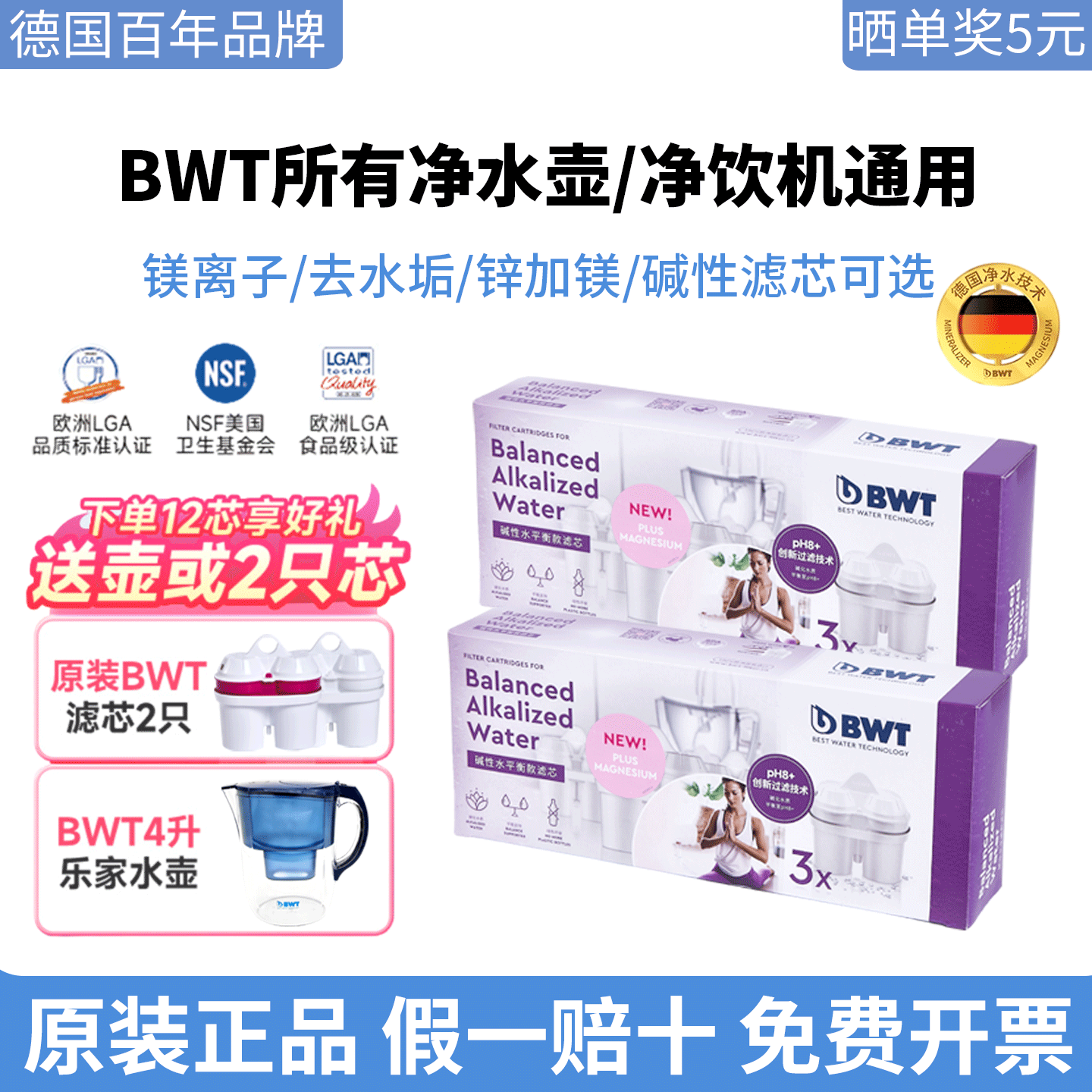 德国bwt滤水壶滤芯原装进口碱性水平衡家用净水器倍世净水壶滤芯