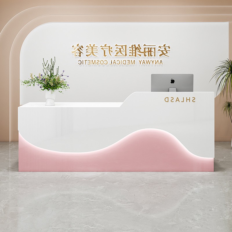 前台接待台烤漆奶油风简约现代前台办公桌美容院收银柜台柜台小吧
