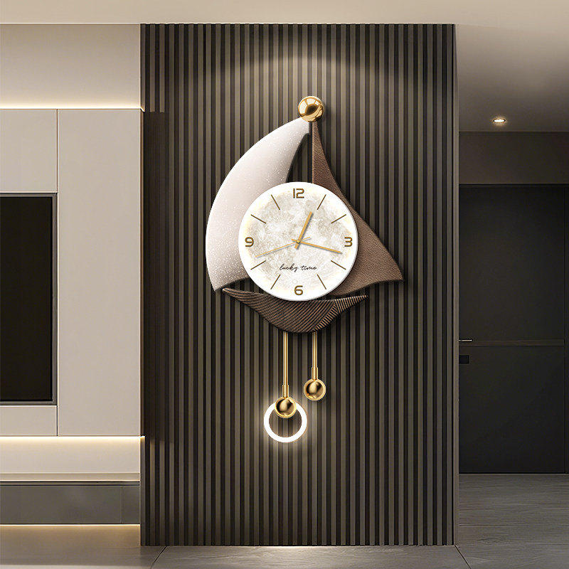 轻奢帆船电视背景墙装饰画 画高级感客厅挂钟表2025新款格栅装饰