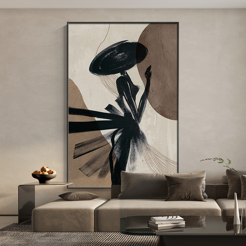 侘寂风客厅装饰画抽象人物沙发背景墙挂画黑白灰大幅落地画玄关画
