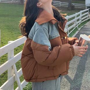 针织翻领牛仔拼接短款羽绒服女冬季2024年新款韩系设计感加厚外套