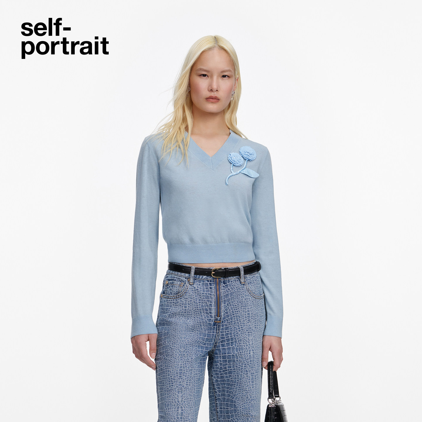 self-portrait 2026春夏新款薄雾蓝羊毛羊绒花朵V领针织毛衫上衣