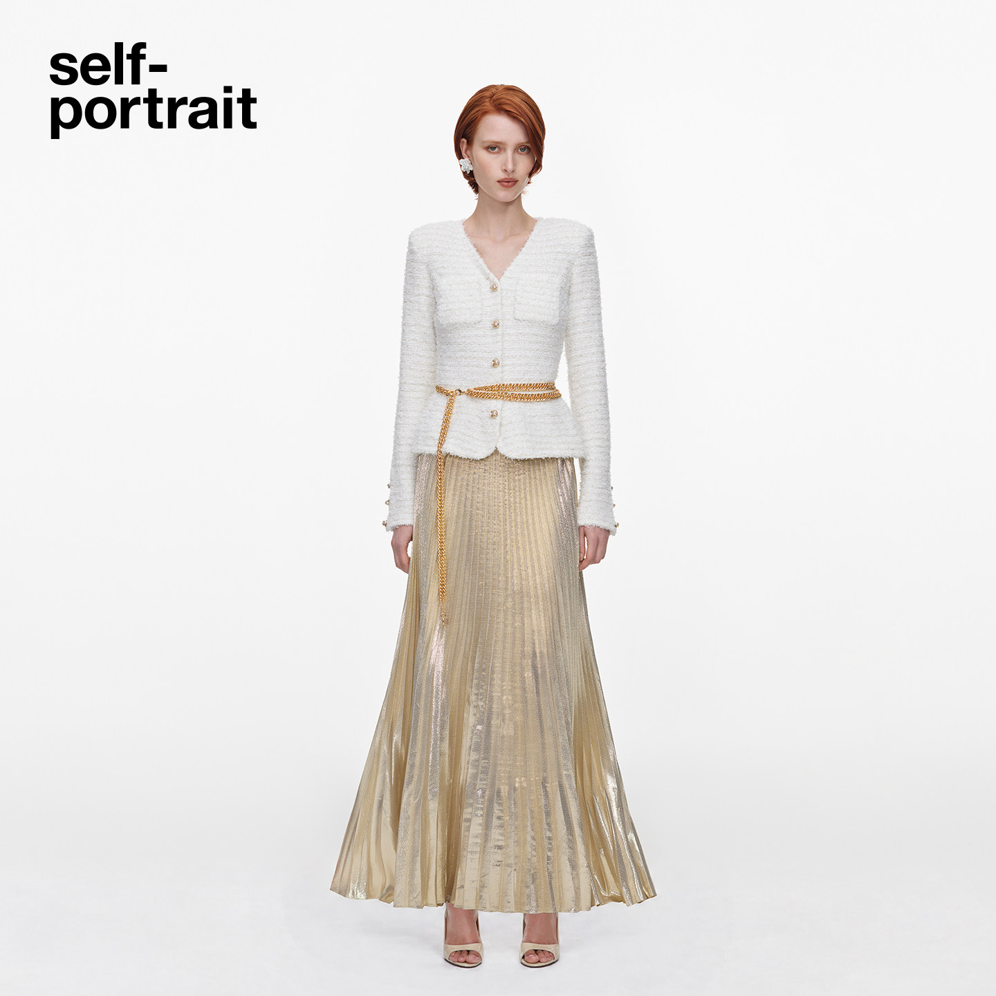 self-portrait 2026秋冬新款象牙白V领针织金色百褶连衣裙含腰链