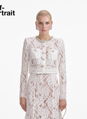 self-portrait 2025早春纯净白气质钻饰长袖SP蕾丝上衣