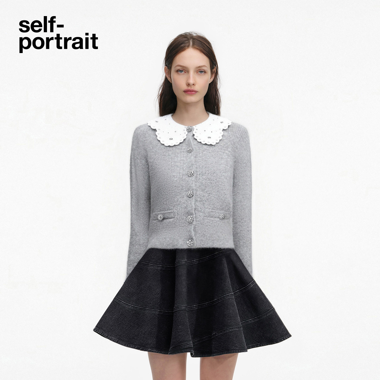 self-portrait 2026早春新款浅灰色可拆卸蕾丝领针织毛衫外套上衣