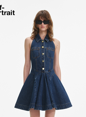 [Jisoo智秀同款]self-portrait2025早秋新款牛仔蓝挂脖牛仔连衣裙