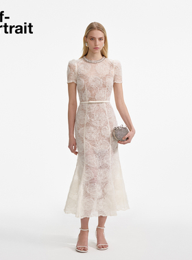 self-portrait 2025早秋象牙白钻饰薄纱蕾丝连衣裙长裙