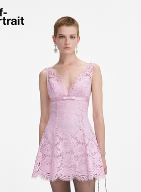 self-portrait 2025秋冬新款粉红色甜美气质V领蕾丝连衣裙短裙