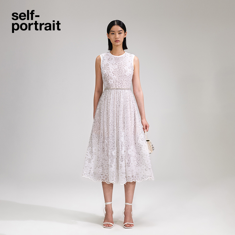 self-portrait 2023春夏象牙白花朵闪片轻婚纱华丽派对连衣裙长裙