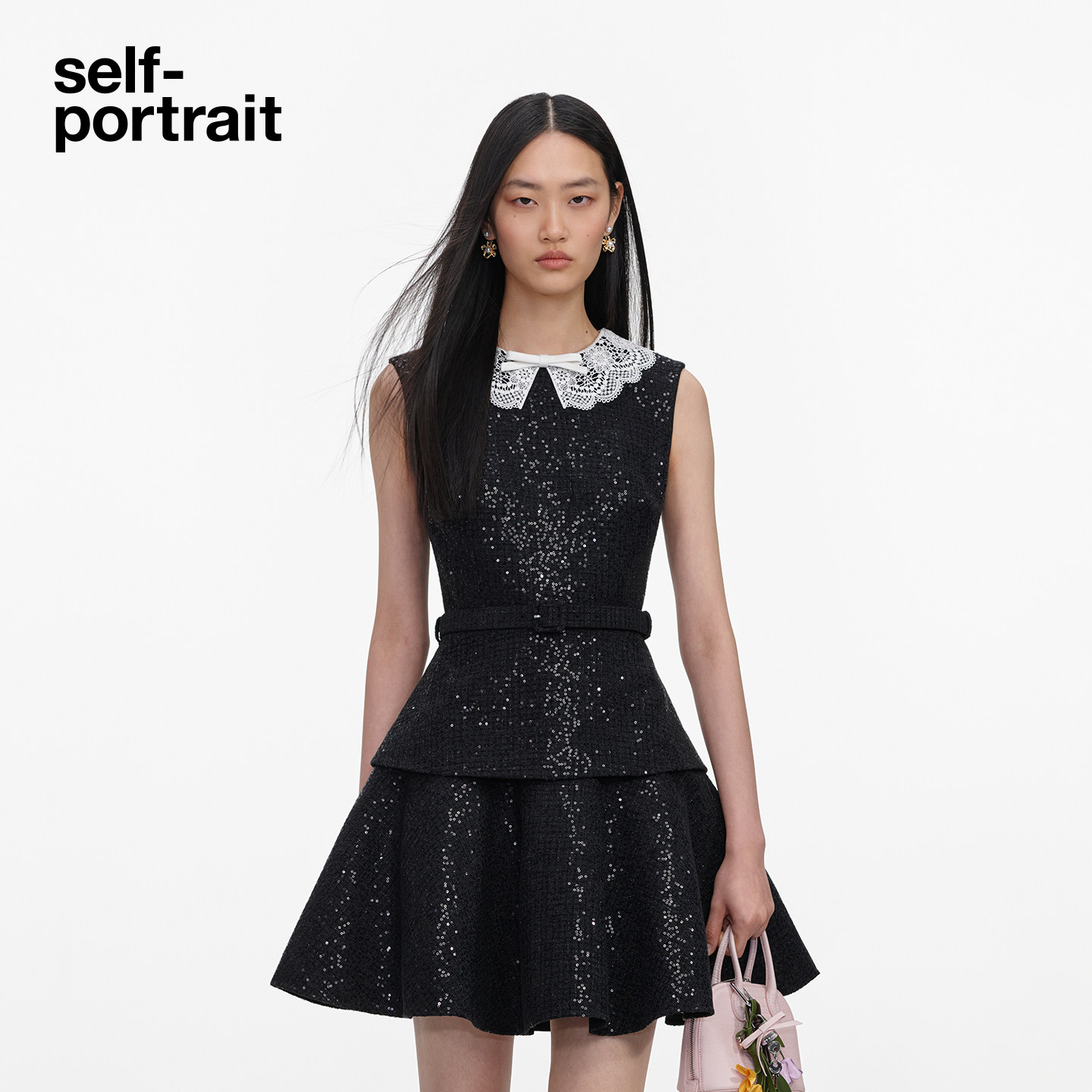 self-portrait 2026早秋新款经典黑蕾丝领亮片粗花呢无袖连衣裙
