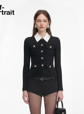 self-portrait 2026春夏新款经典黑撞色翻领钻饰收腰针织上衣