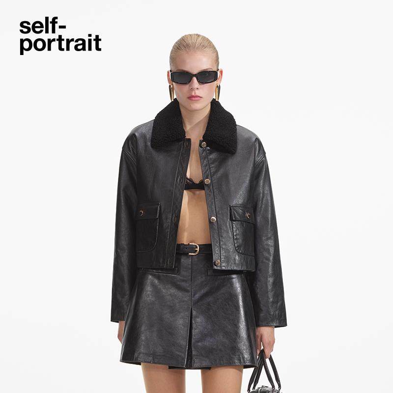 self-portrait 经典黑巴恩风百搭毛领牛皮皮衣外套