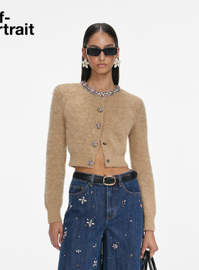 self-portrait 2025秋冬新款浅咖色彩钻羊驼毛混纺针织外套上衣