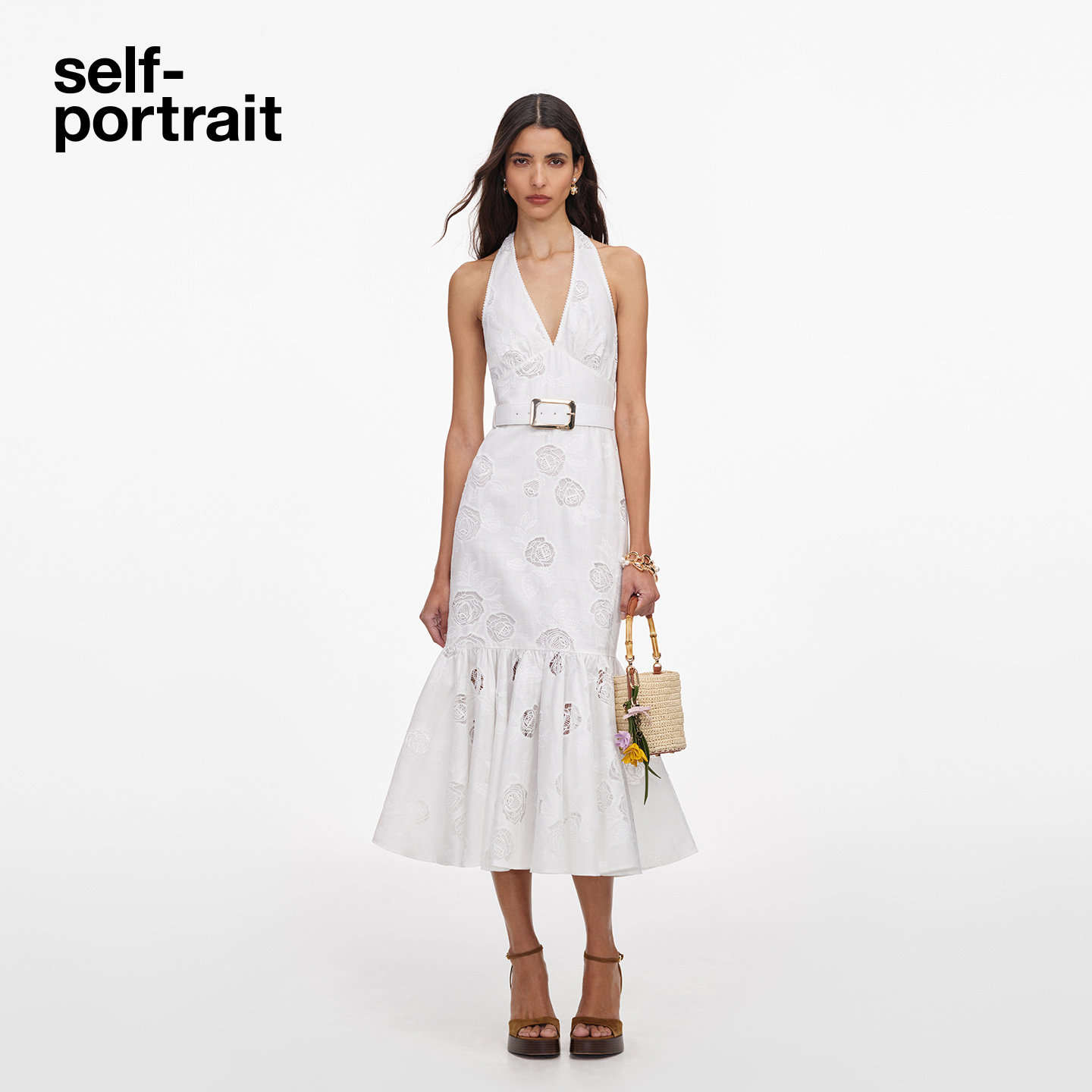 self-portrait 2026早秋新款纯净白挂脖吊带棉麻蕾丝连衣裙中长裙