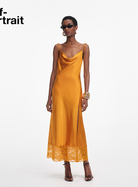 self-portrait 2025早秋新款亮橙色缎面蕾丝拼接荡领吊带连衣裙