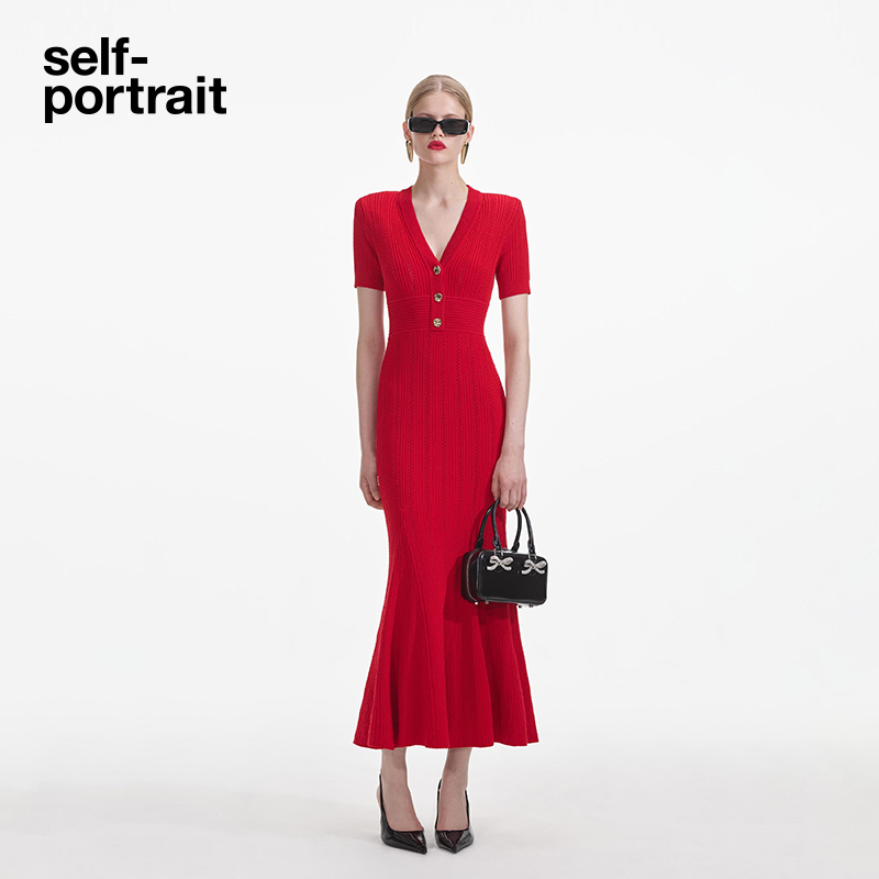 self-portraitV领针织连衣裙