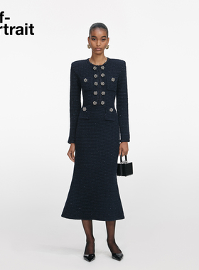 self-portrait 2025秋冬新款藏蓝色双排扣重要场合针织连衣裙