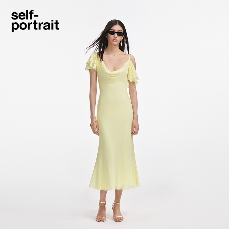 self-portrait 2025早秋新款奶油黄设计感帕斯蒂尔雪纺礼服连衣裙