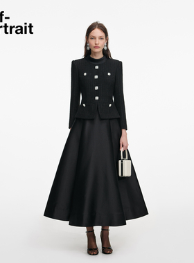 self-portrait 2026早春新款经典黑粗花呢假两件连衣裙中长裙