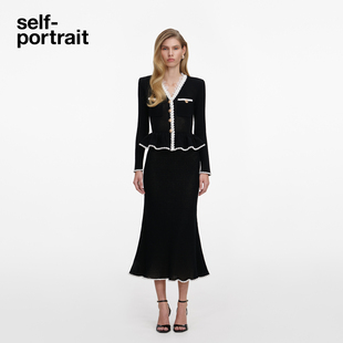 self-portrait 2026春夏新款经典黑撞色蕾丝饰边V领针织连衣裙