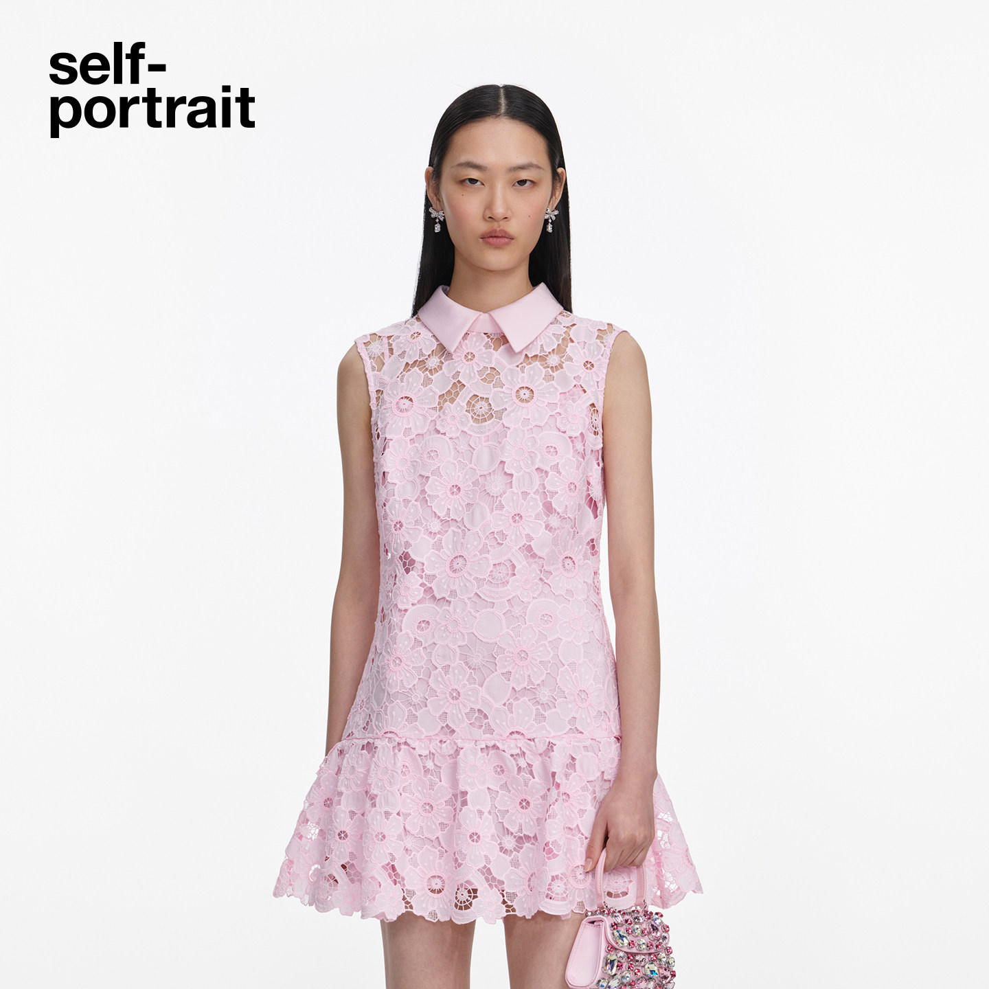 self-portrait 2026春夏新款粉红色翻领无袖蕾丝连衣裙短裙