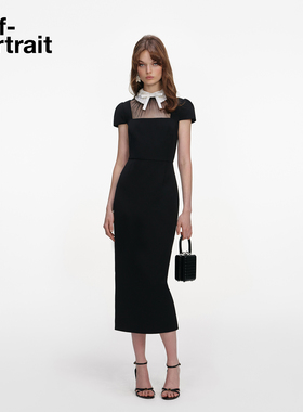 self-portrait 2026早春新款经典黑撞色翻领蝴蝶结连衣裙中长裙
