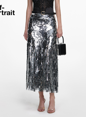 [朱珠同款]self-portrait 2026早春新款银色亮片礼服半身裙中长裙