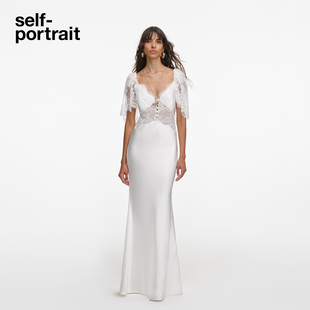 纯净白优雅蕾丝V领缎面礼服连衣裙 2026春夏新款 self portrait