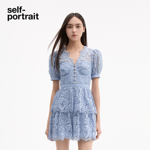 连衣裙夏季 短袖 portrait v领甜美短裙 self 薄款 浅蓝色蕾丝泡泡袖