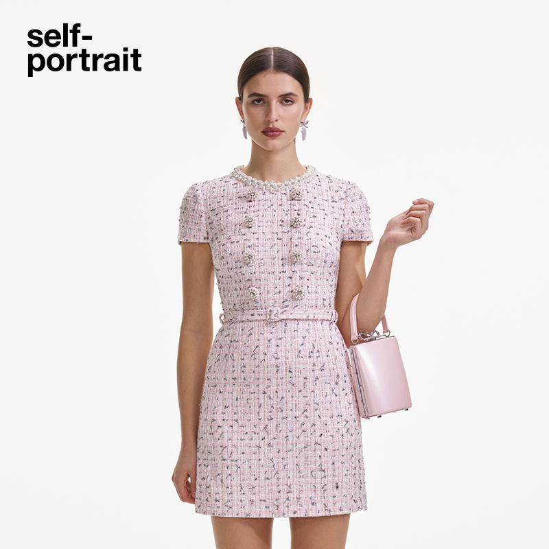 self-portrait 2025春夏红粉色小香风粗花呢短袖连衣裙