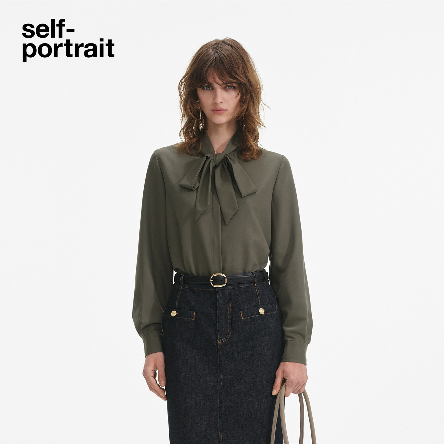 self-portrait 2025早秋新款橄榄绿通勤蝴蝶结领斜纹衬衫上衣