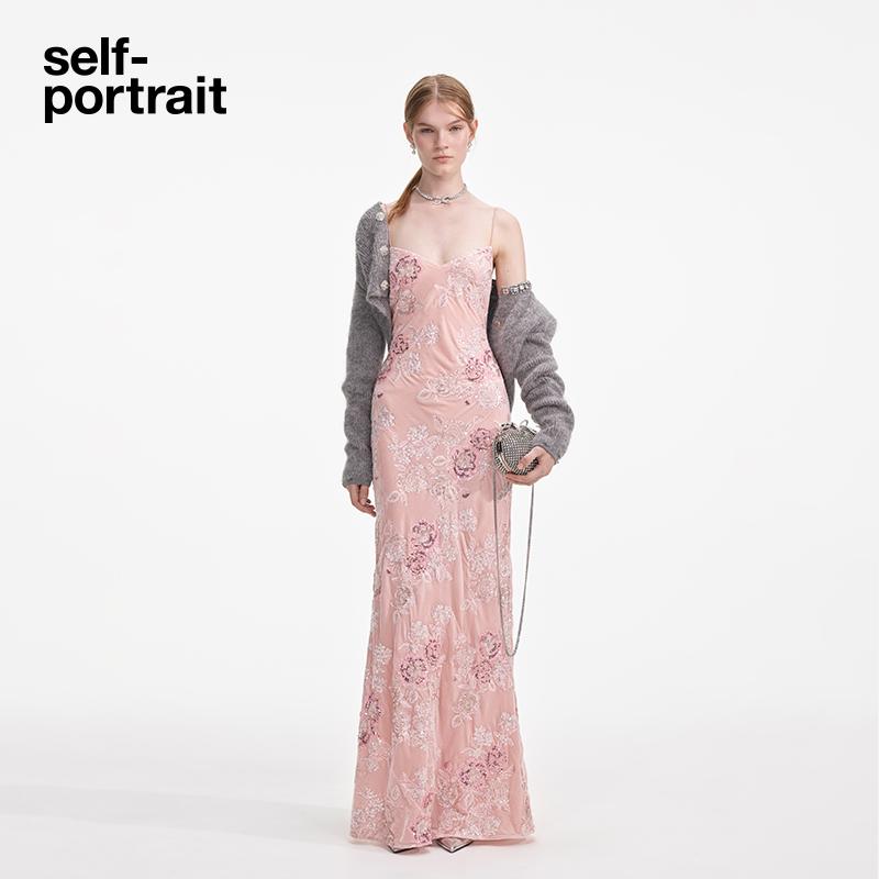 [新年胶囊]self-portrait 2025早春新款红粉混色钉珠丝绒连衣裙