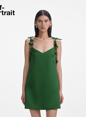 self-portrait 2025春夏绿色立体花朵缎面度假吊带连衣裙