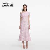 2026早春新款 self portrait 粉红色钻饰蕾丝斜肩礼服连衣裙中长裙