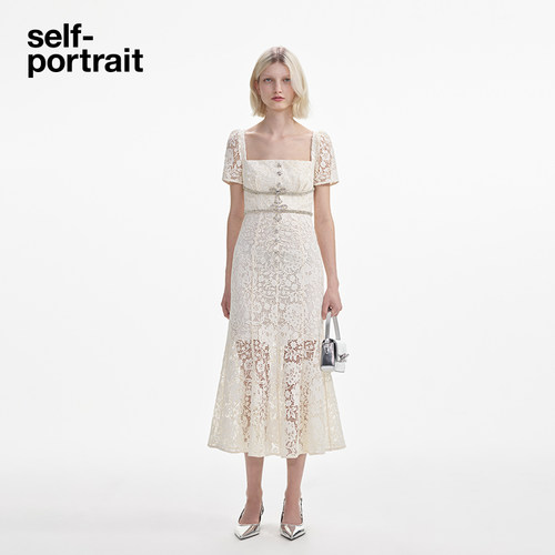 【乔欣同款】self-portrait 24早秋白方领蕾丝连衣裙白月光裙