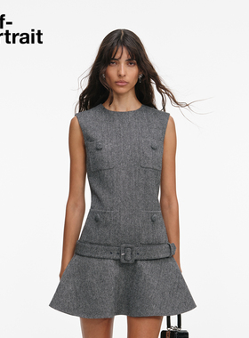 self-portrait 2026早春新款灰混色羊毛混纺小香风人字纹连衣裙