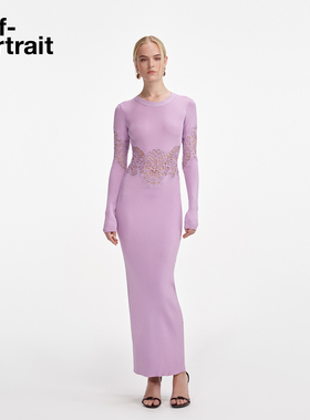 self-portrait 2025秋冬新款粉红色气质镂空蕾丝打底针织连衣裙