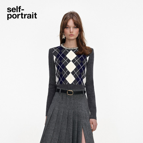 self-portrait钻饰菱格纹针织